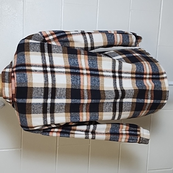 Plaid Thick Yarn Dyed Flannel Chore Coat Barn Jacket Navy Orange Tan Cream - Picture 2 of 9